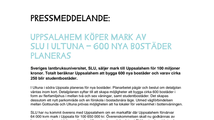 Uppsalahem köper mark av SLU i Ultuna - 600 nya bostäder planeras