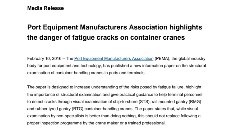 PEMA highlights the danger of fatigue cracks on container cranes