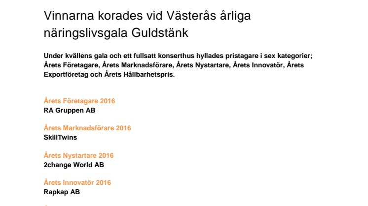Vinnarna korades vid Västerås årliga näringslivsgala Guldstänk