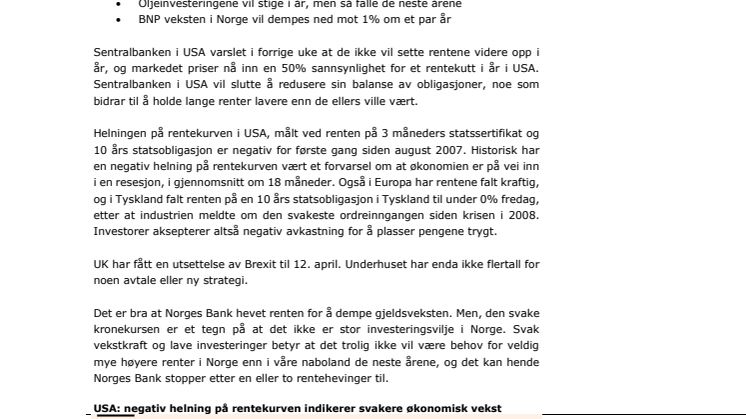 Makrorapport mars 2019: Norges Bank varsler 3 rentehevinger mens rentekurven inverteres i USA