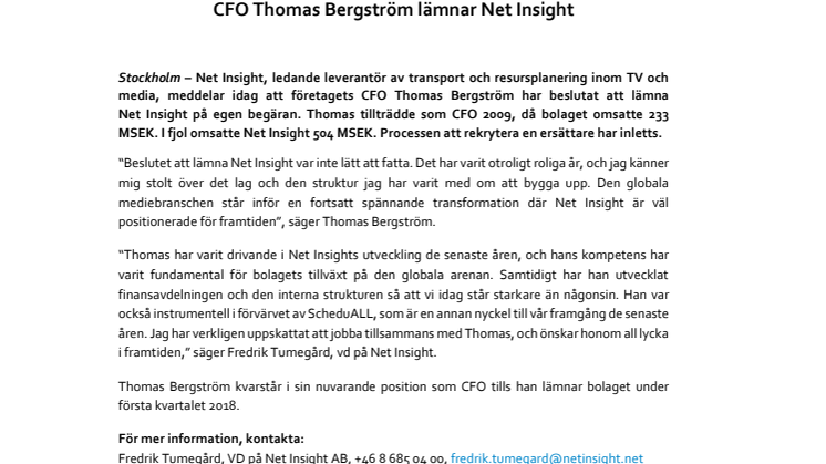 CFO Thomas Bergström lämnar Net Insight