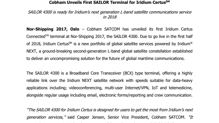 Cobham SATCOM (Nor-Shipping): Cobham Unveils First SAILOR Terminal for Iridium Certus(SM) 