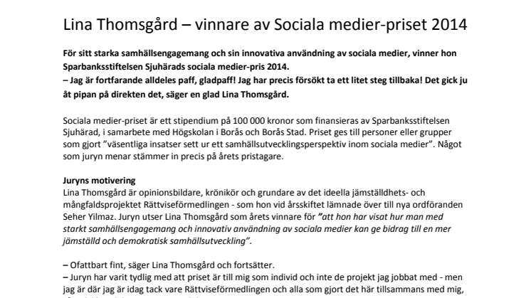Lina Thomsgård – vinnare av Sociala medier-priset 2014