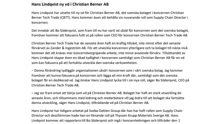 Hans Lindqvist ny vd i Christian Berner AB