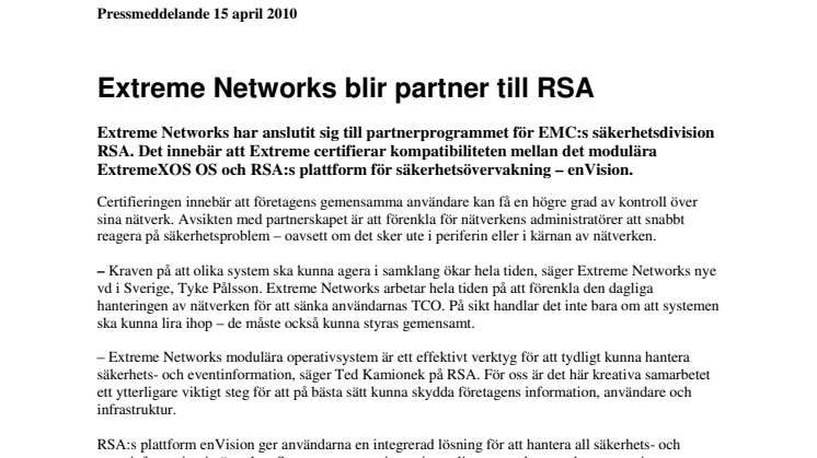 EXTREME NETWORKS BLIR PARTNER TILL RSA