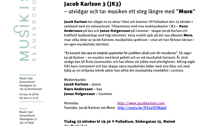 Jacob Karlzon 3 (JK3) på releaseturné med "More"