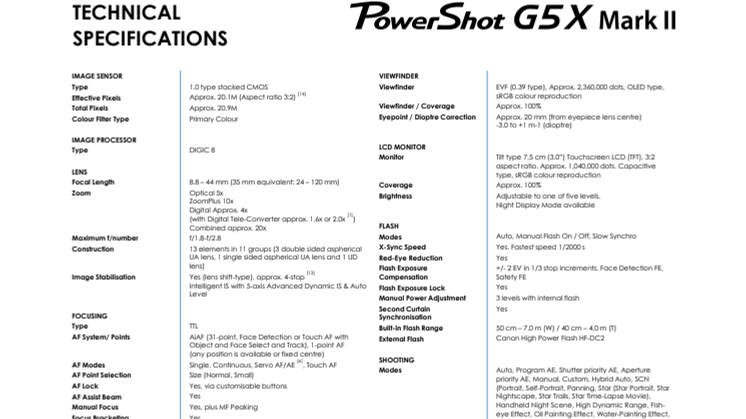 PowerShot G5X Mark II PR Spec Sheet