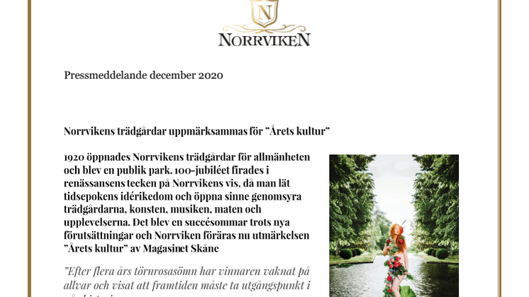 Norrvikens trädgårdar uppmärksammas för ”Årets kultur”