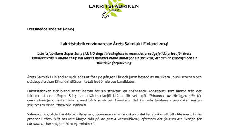 Lakritsfabriken vinnare av Årets Salmiak i Finland 2013!