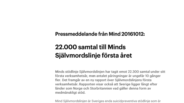 22 000 samtal till Mind Självmordslinjen första året