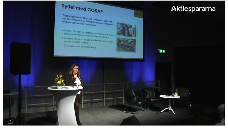 Klementina Österberg, styrelseordförande GOKAP Invest, presenterar på "Stora Aktiedagen 2018" i Göteborg.