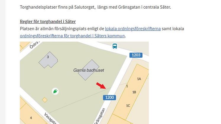 Karta över Salutorget/Gränsgatan där torghandelsplatserna finns.