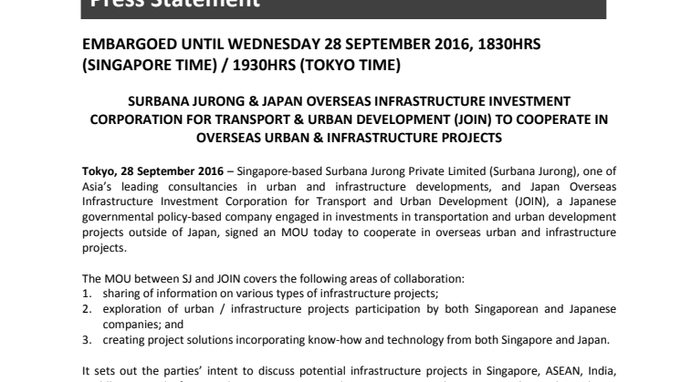 Surbana Jurong & Japan Overseas Infrastructure Investment Corporation for Transport & Urban Development (JOIN) to cooperate in overseas urban & infrastructure projects