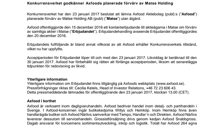 Konkurrensverket godkänner Axfoods planerade förvärv av Matse Holding