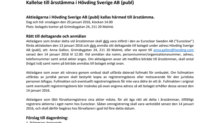 Kallelse till årsstämma i Hövding Sverige AB (publ)