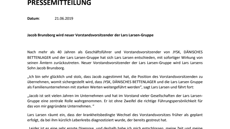 Jacob Brunsborg wird neuer Vorstandssitzender der Lars Larsen-Gruppe