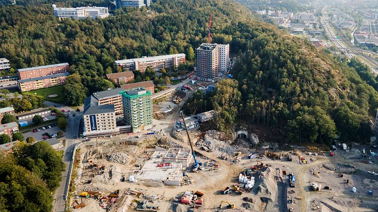 Hösten 2020 påbörjades byggnationen av Kallebäcks Terrasser som väntas stå klar sju år senare. Foto: Almeräng Fotografi AB