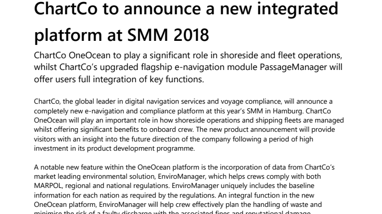 ChartCo: ChartCo to announce a new integrated platform at SMM 2018