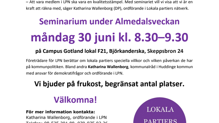 Drevvikenpartiet håller seminarium för Lokala Partiers Nätverk i Almedalen