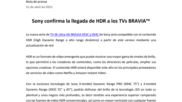 Sony confirma la llegada de HDR a los TVs BRAVIA™