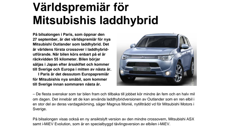 Världspremiär för Mitsubishis laddhybrid