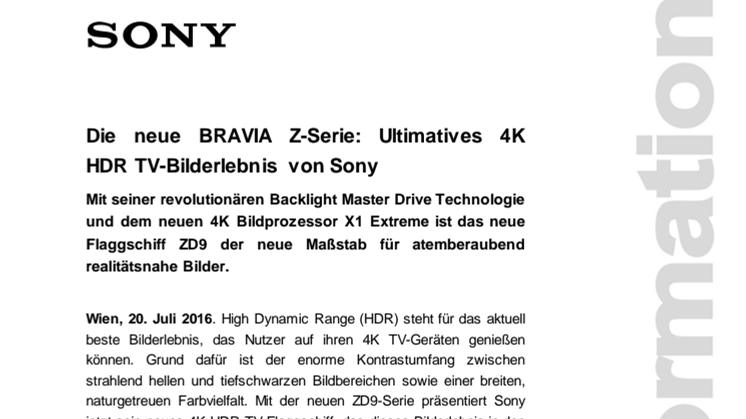 Sony baut sein 4K HDR TV Sortiment aus 