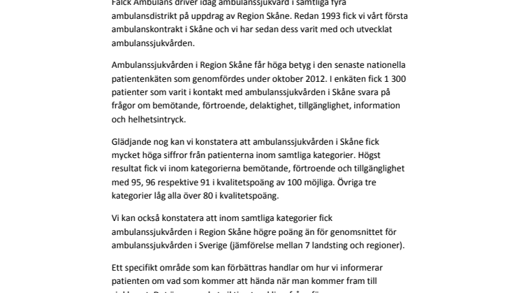 Patienterna nöjda med ambulanssjukvården i Region Skåne