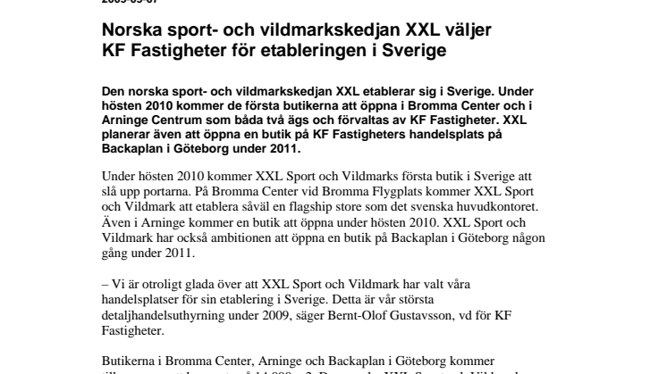 Norska sport- och vildmarkskedjan XXL väljer KF Fastigheter för etableringen i Sverige