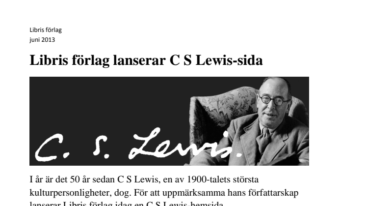 Libris förlag lanserar C S Lewis-sida