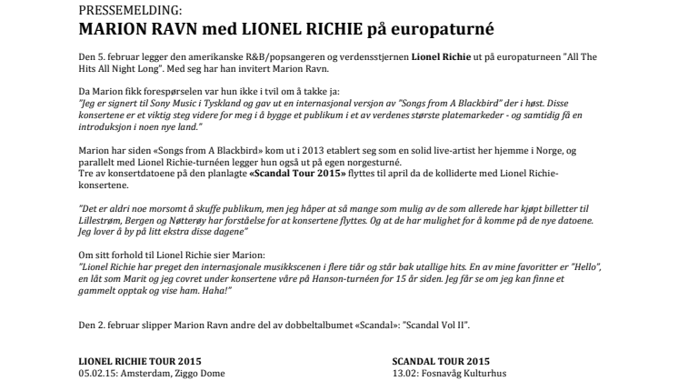 MARION RAVN med LIONEL RICHIE på europaturné!