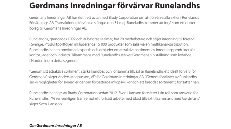 Gerdmans Inredningar förvärvar Runelandhs