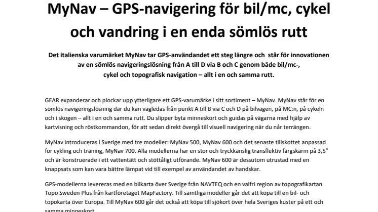 MyNav – GPS-navigering för bil/mc, cykel och vandring i en enda sömlös rutt