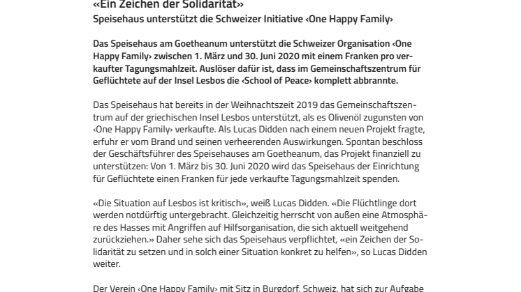 «Ein Zeichen der Solidarität». Speisehaus am Goetheanum unterstützt die Schweizer Initiative ‹One Happy Family›