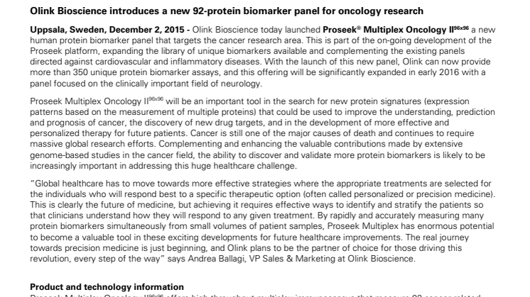 Olink Bioscience introduces a new 92-protein biomarker panel for oncology research