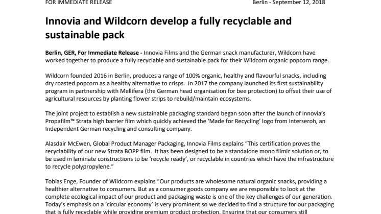 Innovia and Wildcorn develop a fully recyclable and sustainable pack  