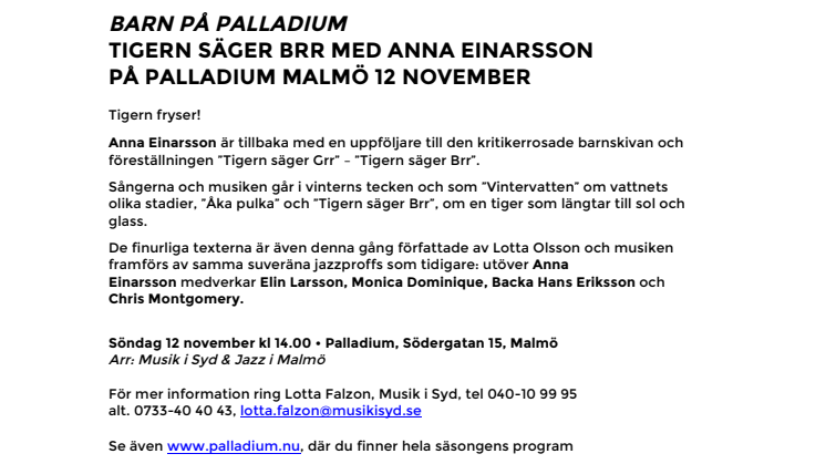 Barn på Palladium – Tigern säger Brr med Anna Einarsson på Palladium Malmö 12 november