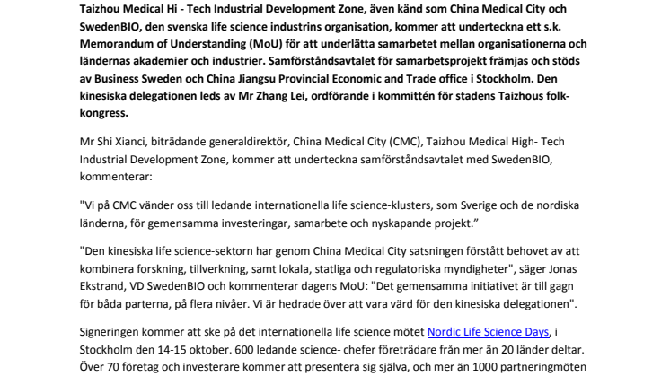 Samarbete Kina – Sverige: Plattform för förbättrad life science.  Samförståndsavtal signerat vid internationellt life science möte