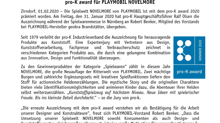 pro-K award für PLAYMOBIL NOVELMORE