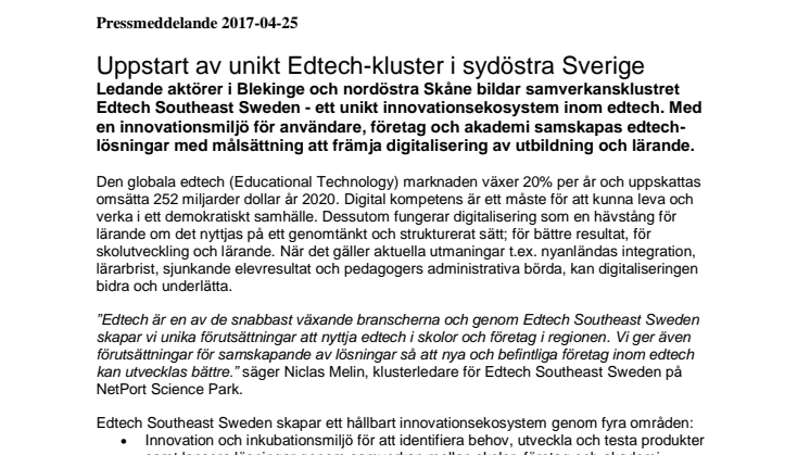Uppstart av unikt Edtech-kluster i sydöstra Sverige