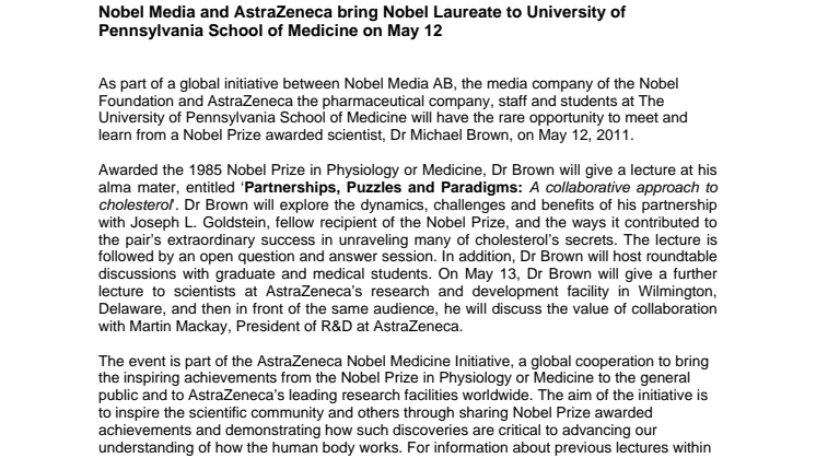 Nobel Media and AstraZeneca bring Nobel Laureate to University of Pennsylvania School of Medicine on May 12