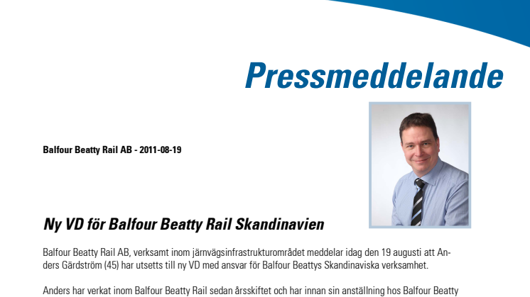 Ny VD för Balfour Beatty Rail Skandinavien