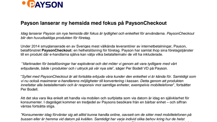 Payson lanserar ny hemsida med fokus på PaysonCheckout
