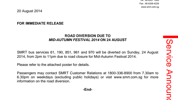Road Diversion due to Mid-Autumn Festival 2014 on 24 August