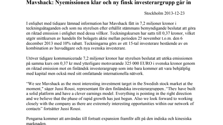 Mavshack: Nyemissionen klar och ny finsk investerargrupp går in 