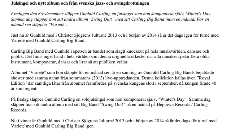 Julsingel och nytt album från svenska jazz- och swingdrottningen Gunhild Carling