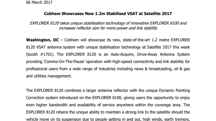 Cobham SATCOM - Satellite 2017: Cobham Showcases New 1.2m Stabilised VSAT at Satellite 2017