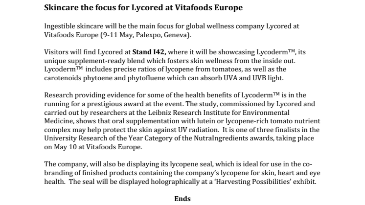 Skincare the focus for Lycored at Vitafoods Europe 