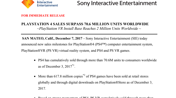 Försäljningen av PlayStation®4 överstiger 70.6 miljoner enheter globalt