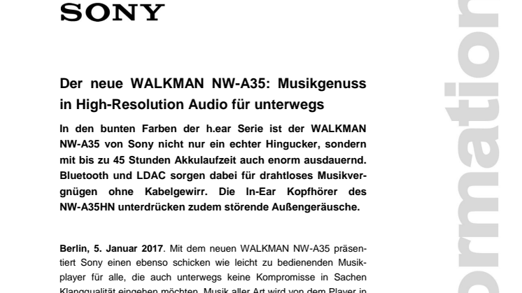 Der neue WALKMAN NW-A35: Musikgenuss in High-Resolution Audio für unterwegs
