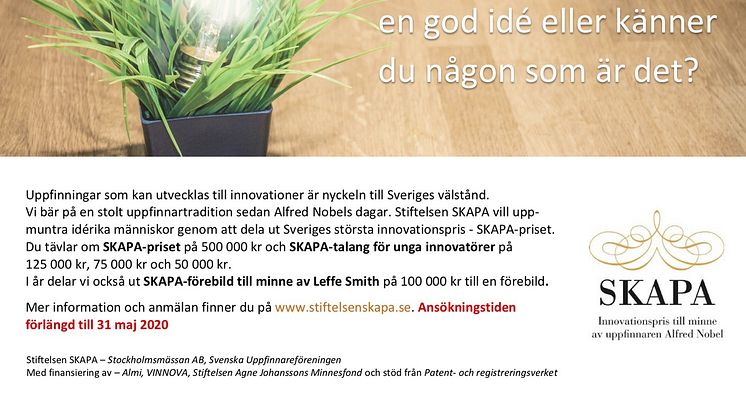 SKAPA förlänger ansökningstiden till 31/5 - sök uppfinnar- och innovatörsstipendium nu!